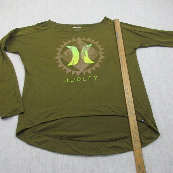 Hurley Tee Shirt Men Medium Green Short Sleeve Spell Out Logo Crew Neck High Low - Picture 8 of 9